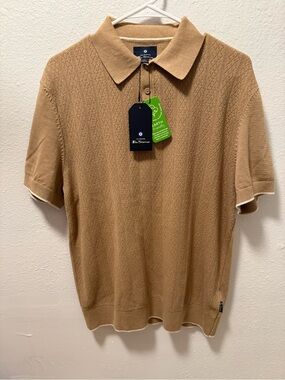 Ben Sherman Men's Tan Short-Sleeve Knit Polo Sweater. Size Medium